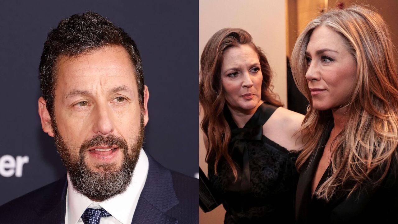 (L) Adam Sandler attends the 2023 Mark Twain Prize for American Humor presentation at The Kennedy Center on March 19, 2023, in Washington, DC. (R) Drew Barrymore (L) and Jennifer Aniston (R) arrive for the 24th Annual Mark Twain Prize For American Humor at the John F. Kennedy Center for the Performing Arts in Washington, DC, on March 19, 2023.