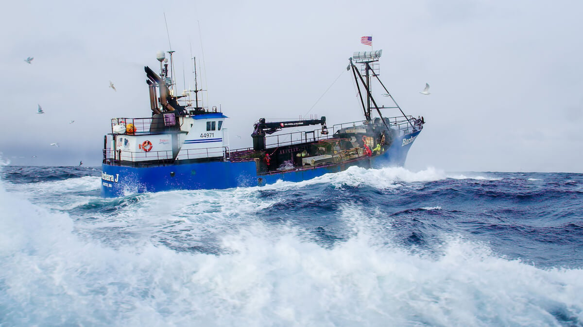 the F/V Barbara J with waves crashing against it in 'Deadliest Catch' Season 19