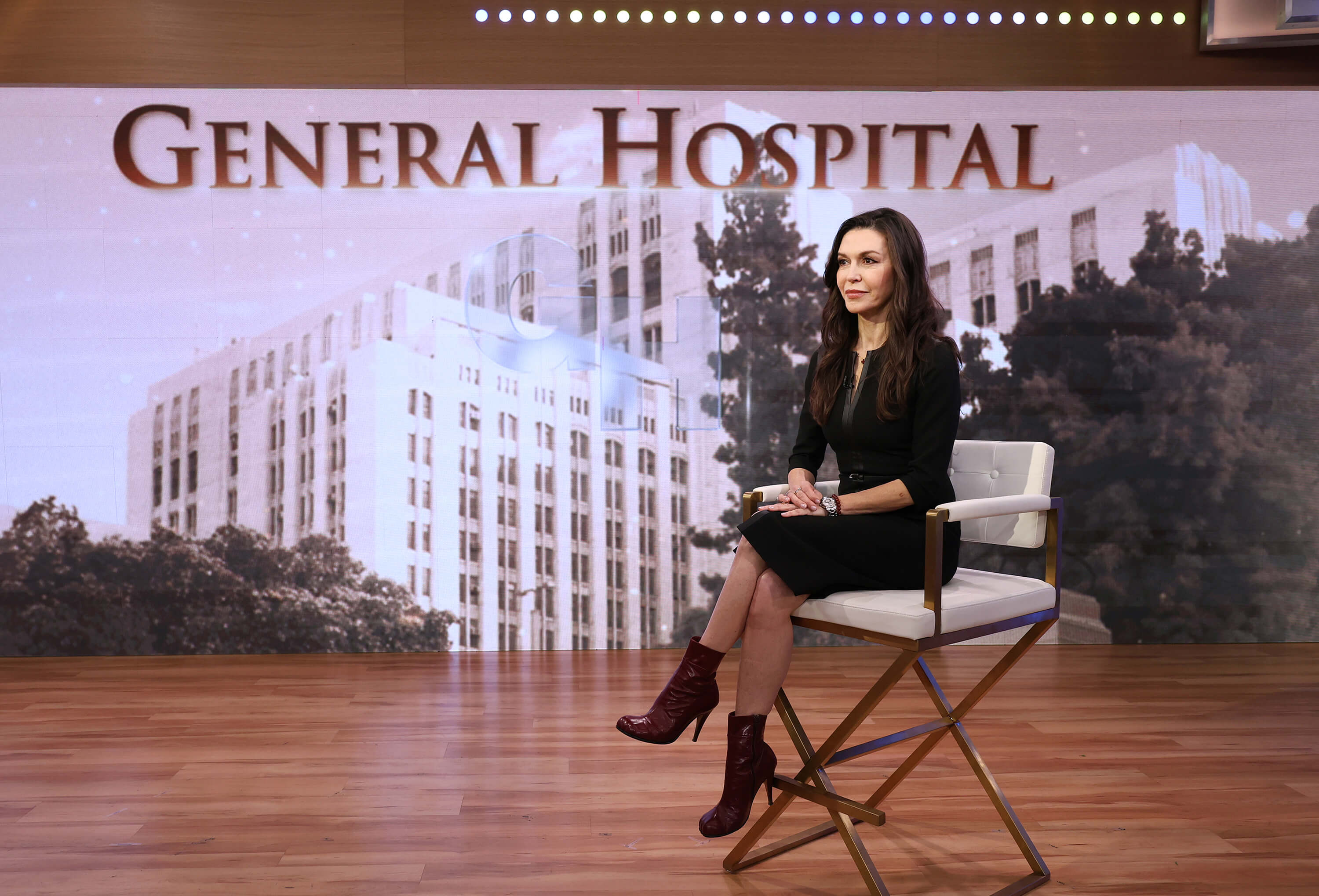 'General Hospital' star Finola Hughes sitting on the set of 'Good Morning America' to discuss the ABC soap opera's 60th anniversary.
