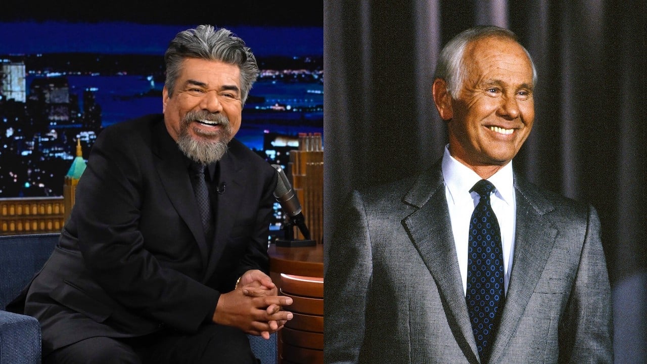 (L) George Lopez during an interview on 'The Tonight Show' in 2022. (R) Johnny Carson is shown hosting 'The Tonight Show' in 1991.