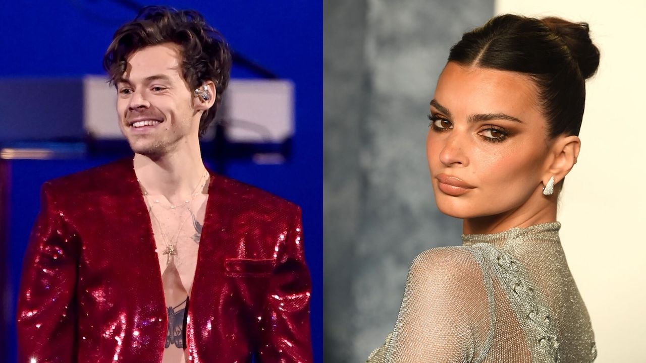 (L) Harry Styles performs on stage during The BRIT Awards 2023 at The O2 Arena on February 11, 2023. (R) Emily Ratajkowski arrives at the Vanity Fair Oscar Party Hosted By Radhika Jones at Wallis Annenberg Center for the Performing Arts on March 12, 2023.