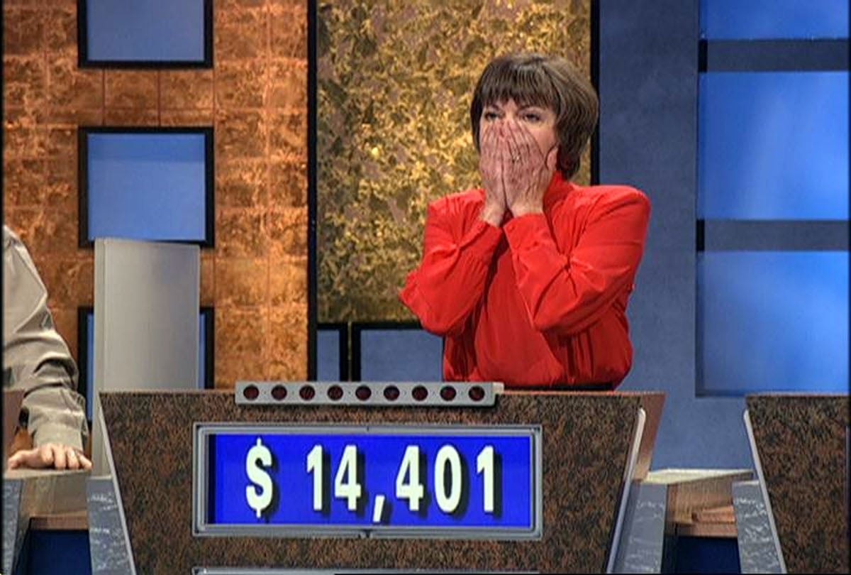 Jeopardy! winner Nancy Zerg makes a wow face after defeating Ken Jennings