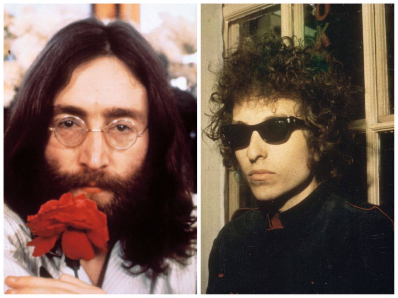 John Lennon holds a red flower up to hisi face. Bob Dylan wears sunglasses and leans against a window.