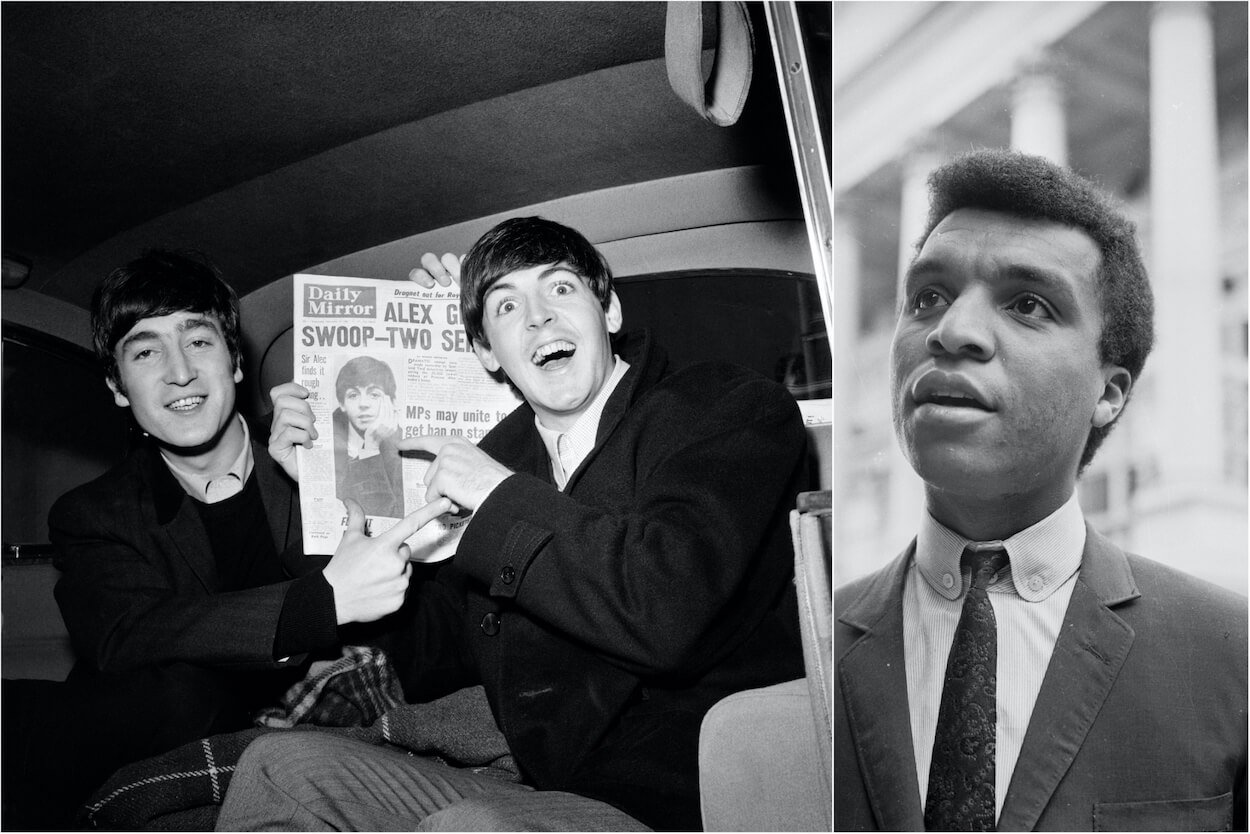 John Lennon (left) and Paul McCartney hold up a newspaper while riding in a car in 1963; British entertainer Kenny Lynch in 1965.