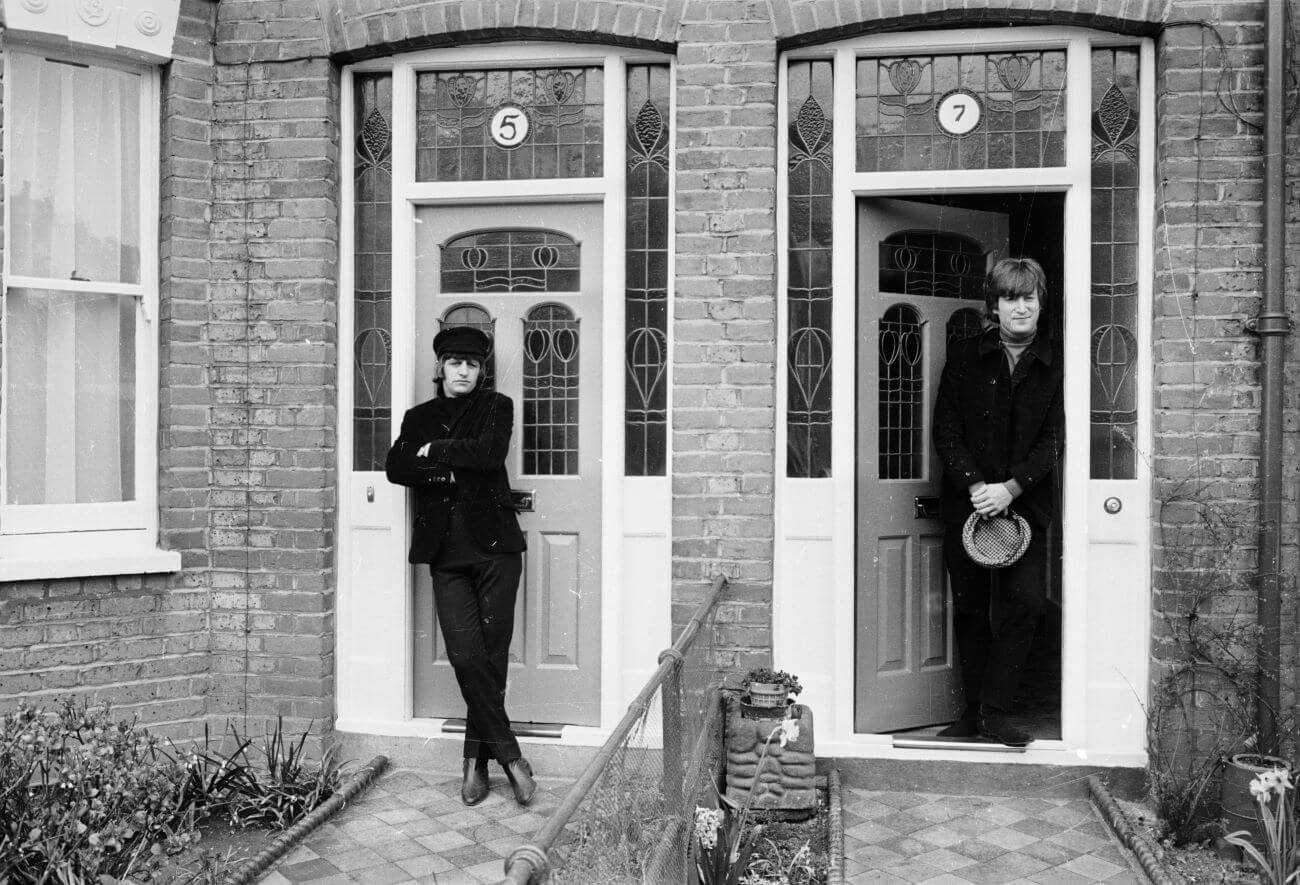 A black and white picture of Ringo Starr and John Lennon standing in doorways.