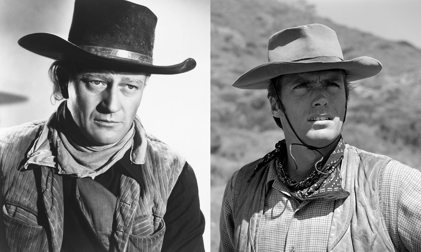 A joined photo of black-and-white photos of John Wayne and Clint Eastwood