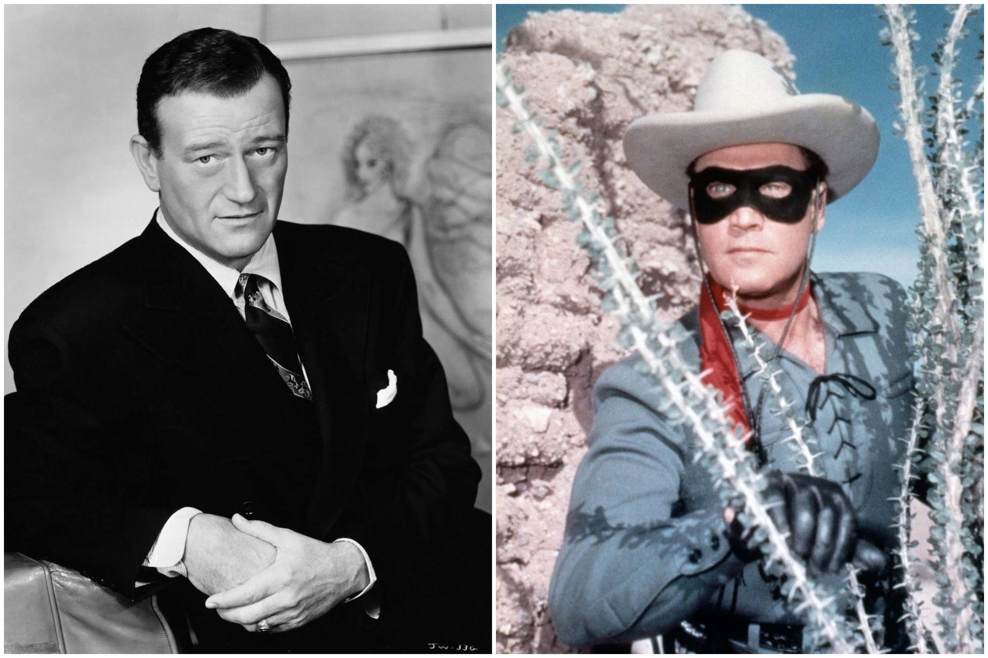 John Wayne and 'The Lone Ranger' actor Clayton Moore. Wayne is sitting in a suit and tie with his hands crossed. Moore is hiding behind tree branches, wearing his Lone Ranger costume.
