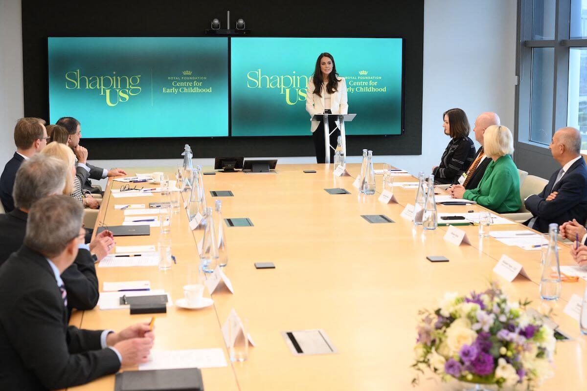 Kate Middleton speaks during an Early Childhood Business Taskforce meeting where she posed for a group photo