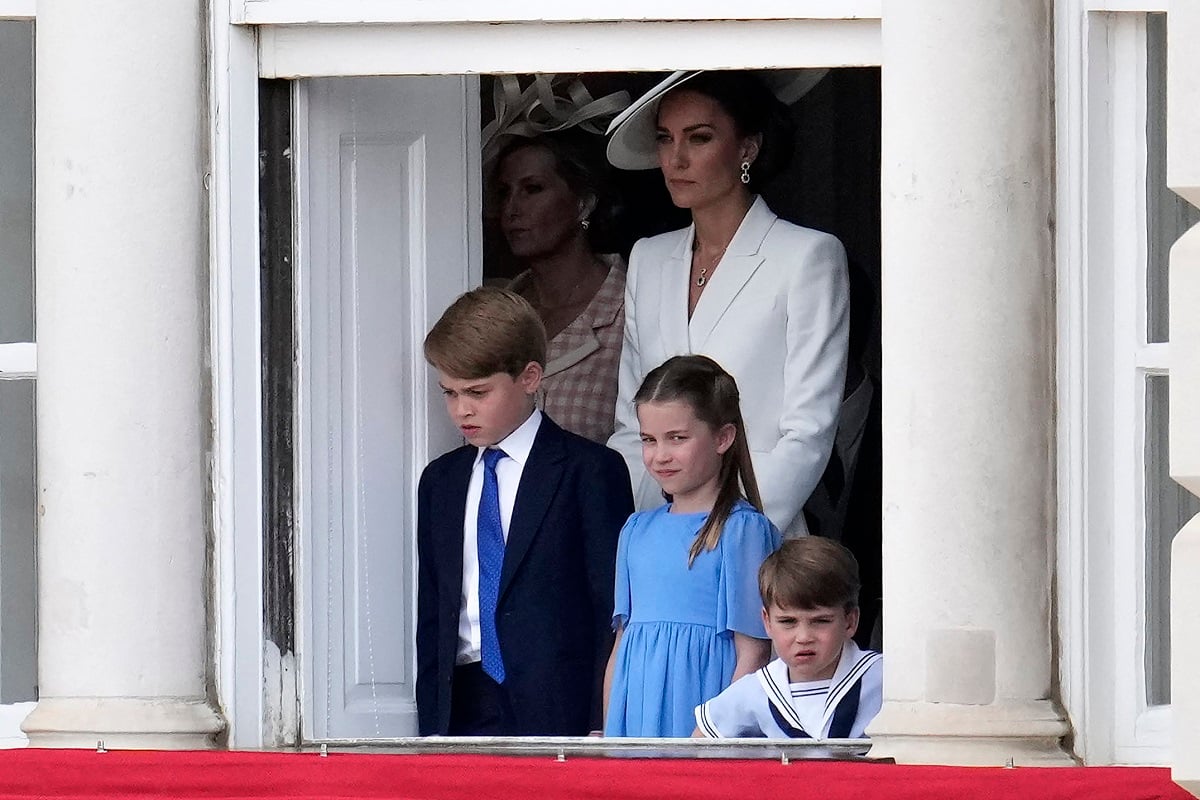 Kate Middleton with her kids Prince George, Princess Charlotte, and Prince Louis during Trooping The Colour