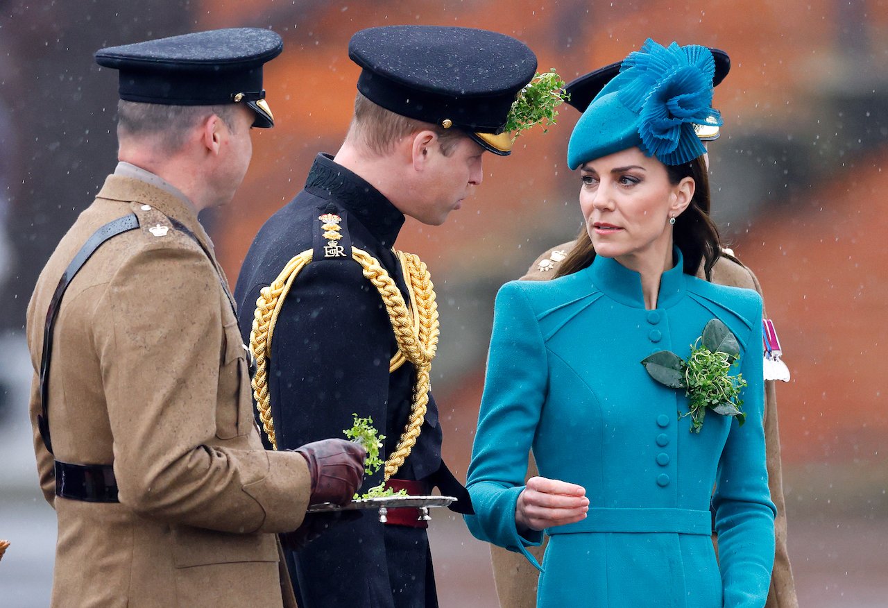 Prince William, Prince of Wales, and Kate Middleton, Princess of Wales (in her role as Colonel of the Irish Guards) attend the 2023 St. Patrick's Day Parade at Mons Barracks on March 17, 2023, in Aldershot, England.