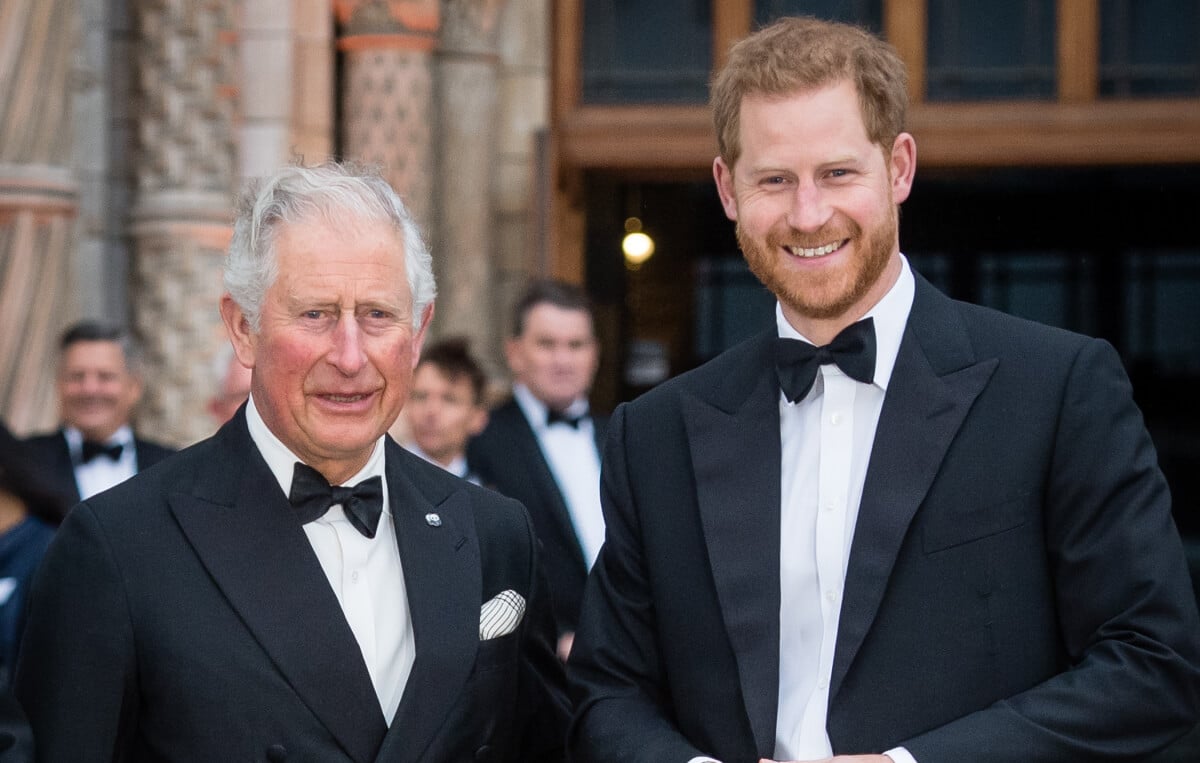 King Charles, then Prince of Wales and Prince Harry, Duke of Sussex attend the "Our Planet" global premiere at Natural History Museum on April 04, 2019 in London, England