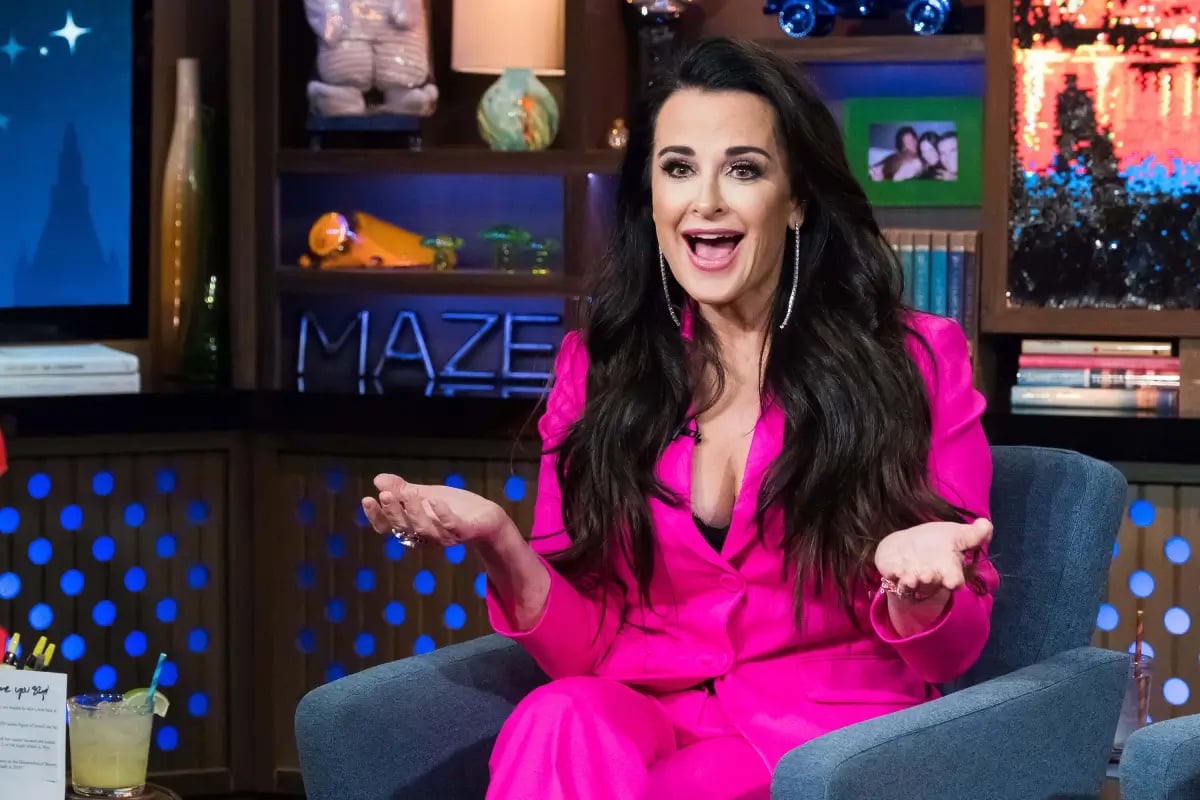 'Real Housewives of Beverly Hills' star Kyle Richards seen here wearing an all pink outfit on the set of 'Watch What Happens Live.' Fans recently accused Kyle of using Ozempic to lose weight.