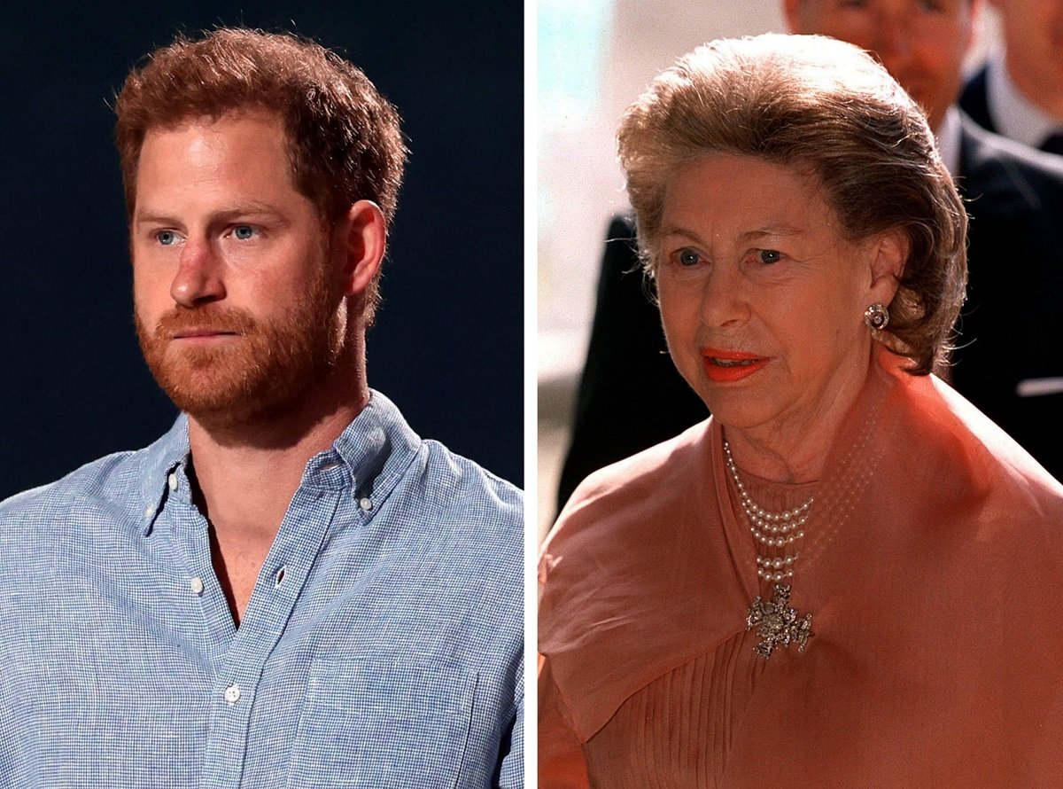 (L): Prince Harry onstage at Global Citizen VAX LIVE, (R): Princess Margaret arriving at a pageant held in honor of the Queen Mother