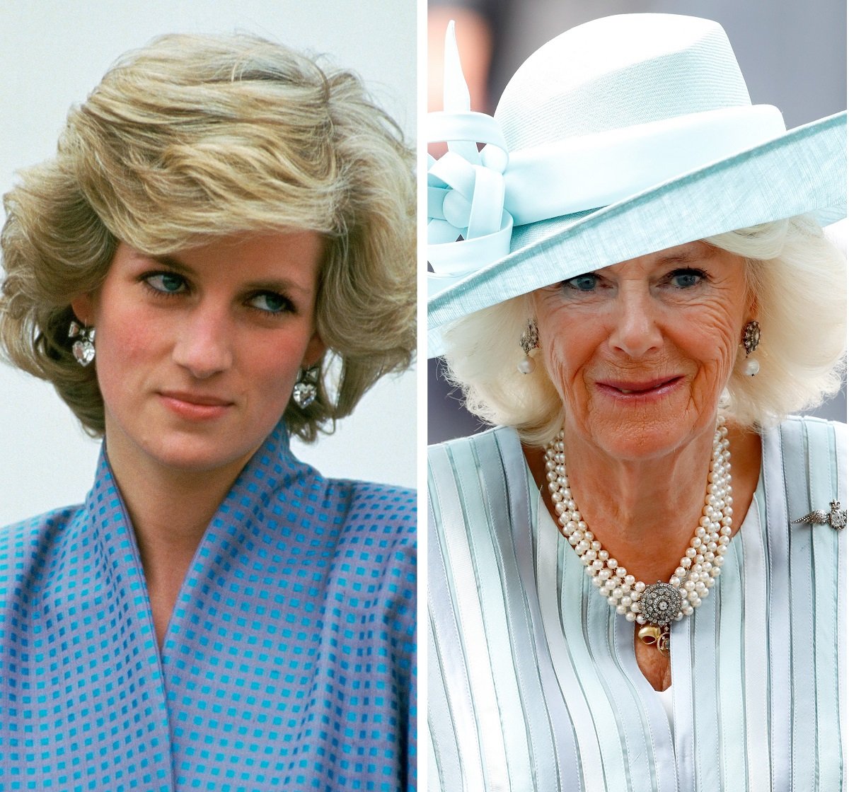 (L): Princess Diana in Italy, (R): Camilla Parker Bowles in London