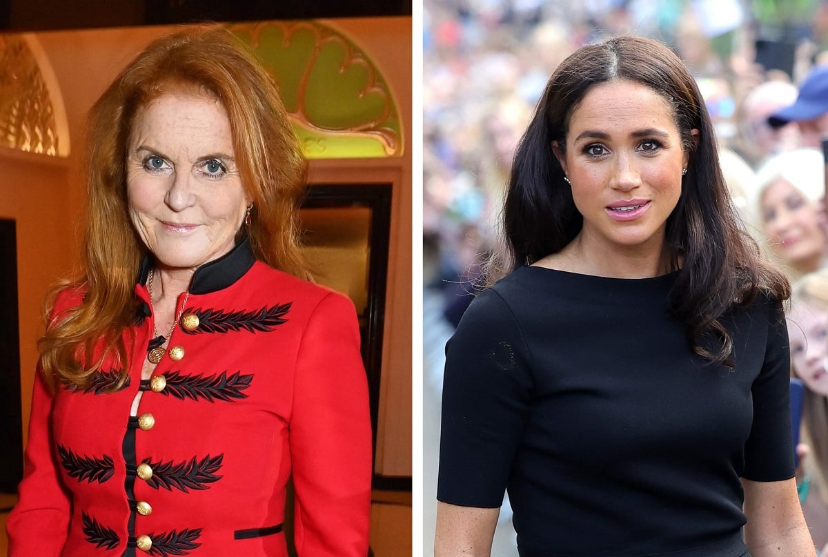 (L) Sarah Ferguson at gala in London, (R) Meghan Markle on Long Walk at Windsor following Queen Elizabeth's death