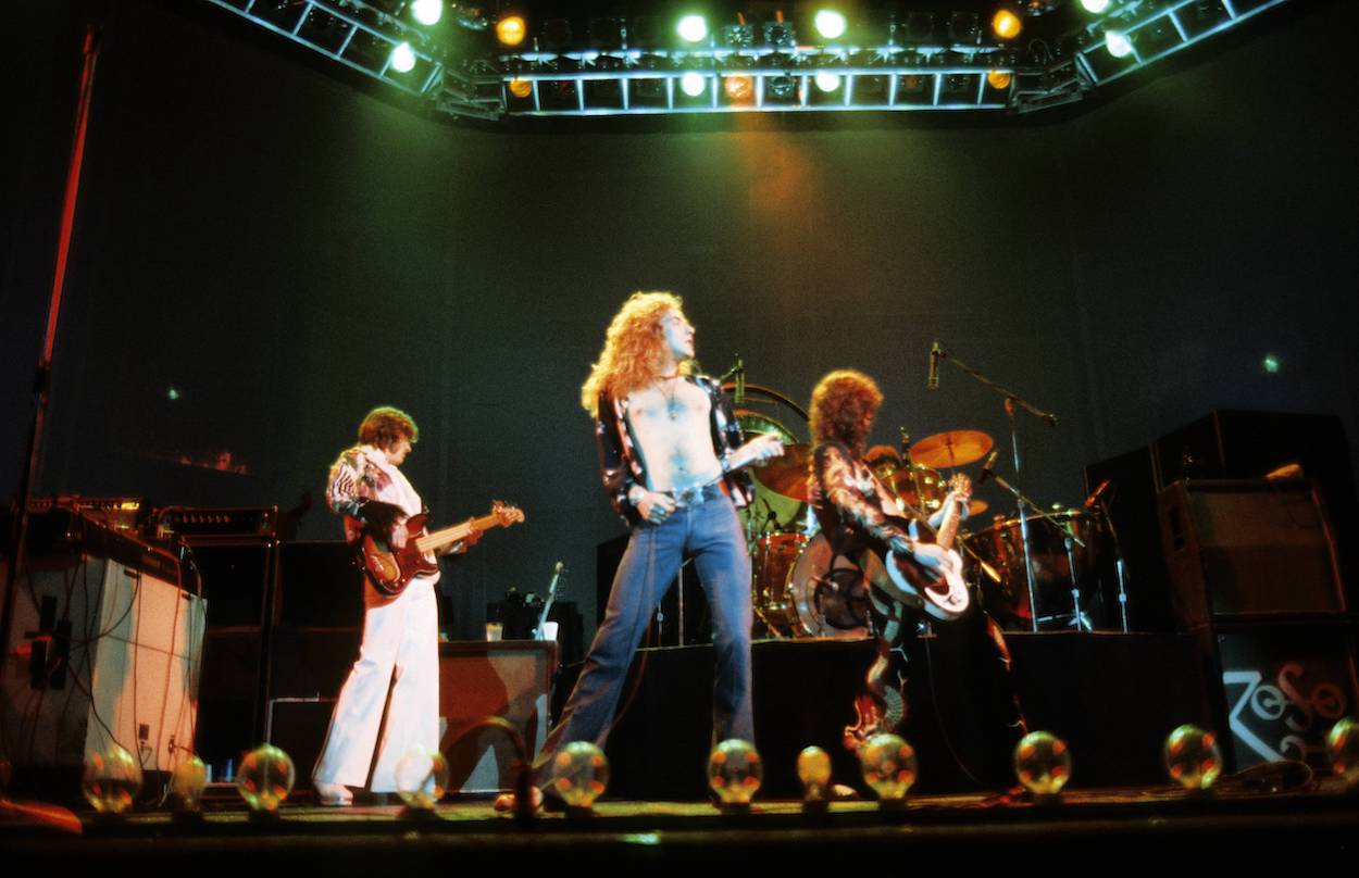 Led Zeppelin -- John Paul Jones, Robert Plant, Jimmy Page, and John Bonham -- perform at Earls Court in London in 1975