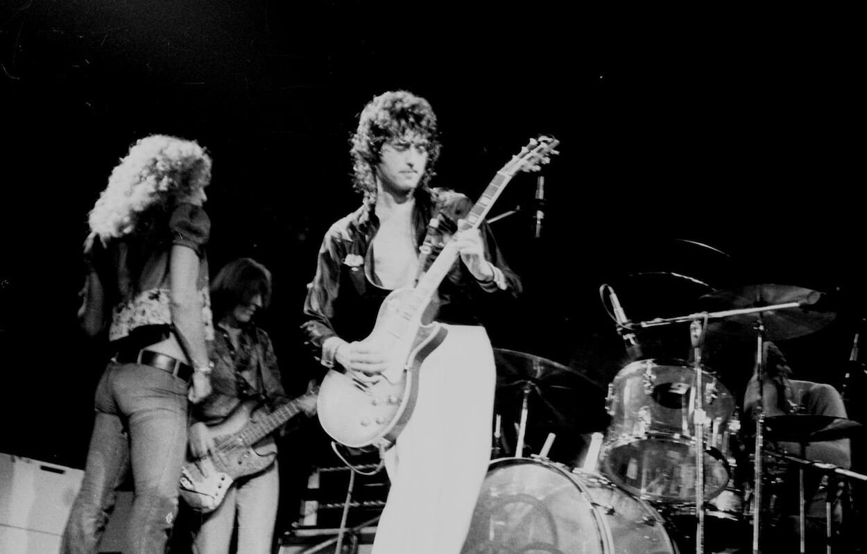 Led Zeppelin members (from left) Robert Plant, John Paul Jones (background), Jimmy Page, and John Bonham (background) perform in 1973.