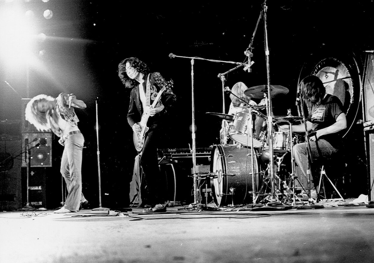 Led Zeppelin members (from left) Robert Plant, Jimmy Page, John Paul Jones (background), and John Bonham perform in concert in 1973.