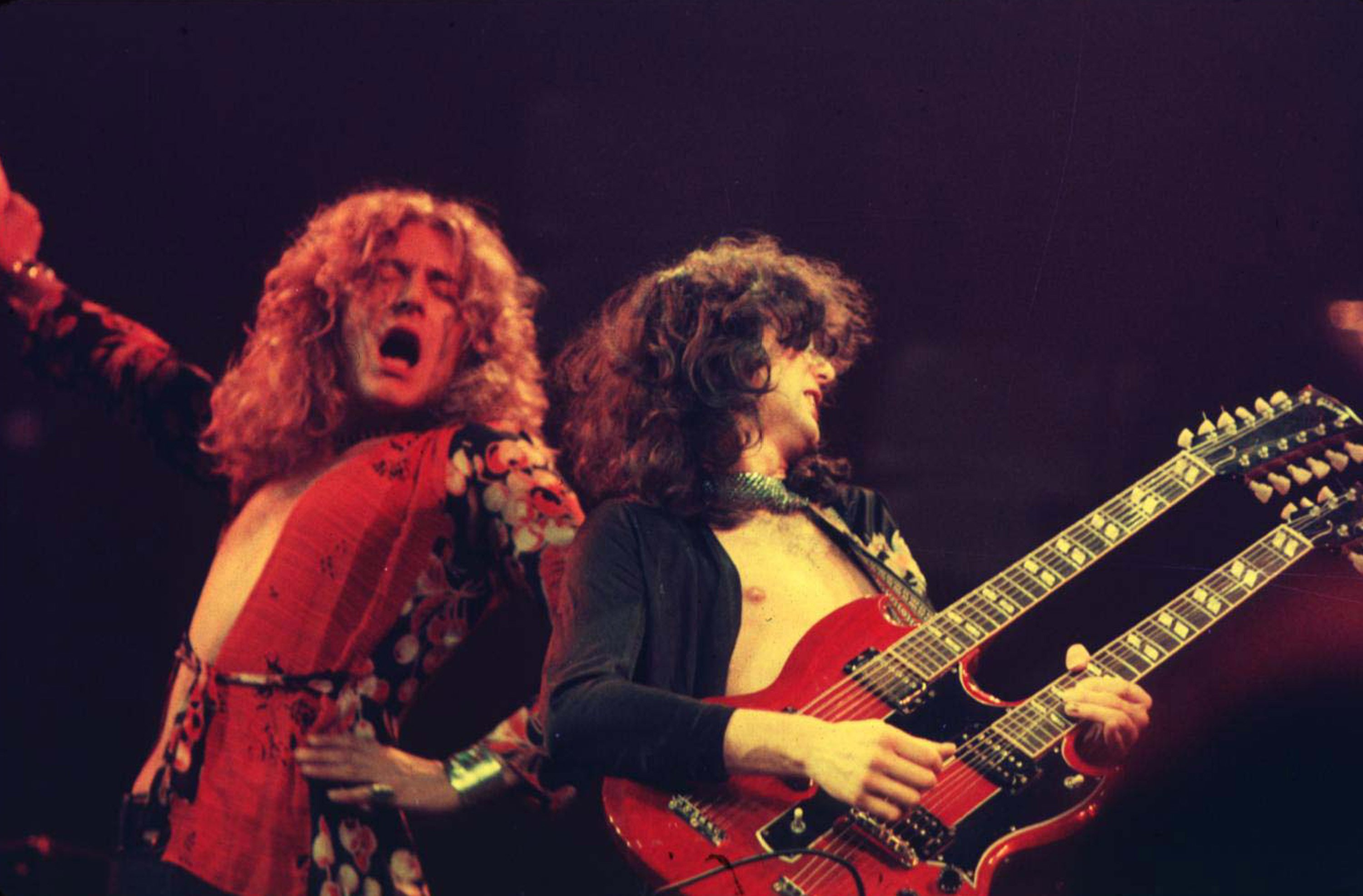 Robert Plant and Jimmy Page of Led Zeppelin perform in Chicago, Illinois
