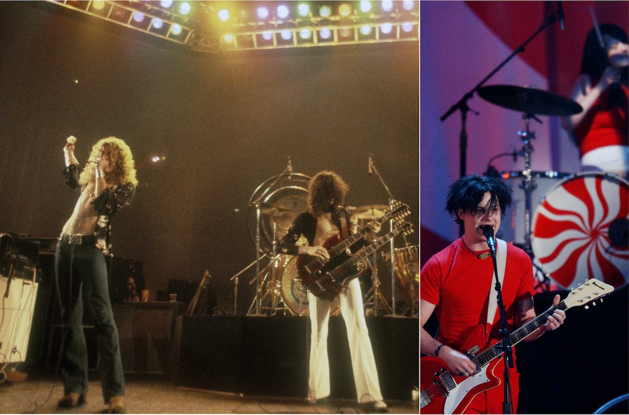 Robert Plant (from left) and Jimmy Page perform with Led Zeppelin in 1975; Jack White of The White Stripes plays a red guitar while performing in 2002.