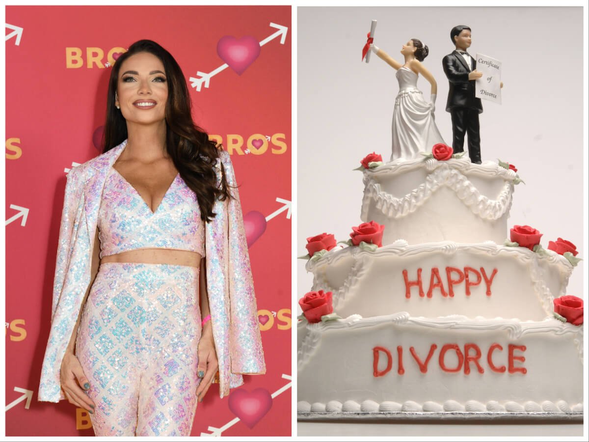 Photo of April Banbury from 'Married at First Sight: UK' next to a "happy divorce" cake