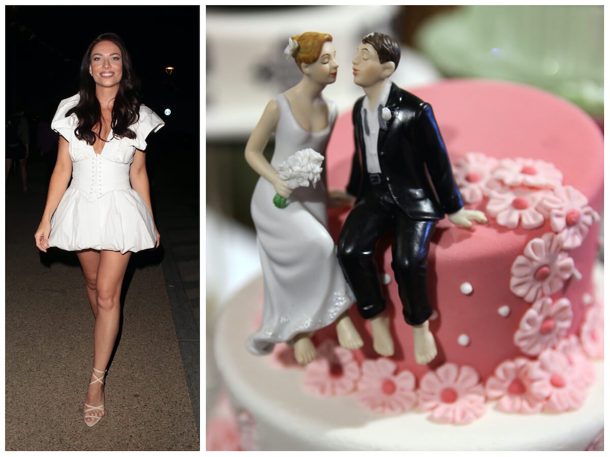 Side by side photos of April Banbury from 'Married at First Sight: UK' Season 7 wearing a short white dress and bride and groom figures on a wedding cake