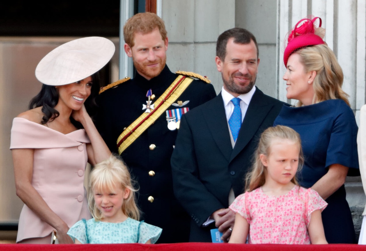 Meghan Markle, Prince Harry, Isla Phillips, Peter Phillips, Savannah Phillips, and Autumn Kelly during Trooping The Colour 2018