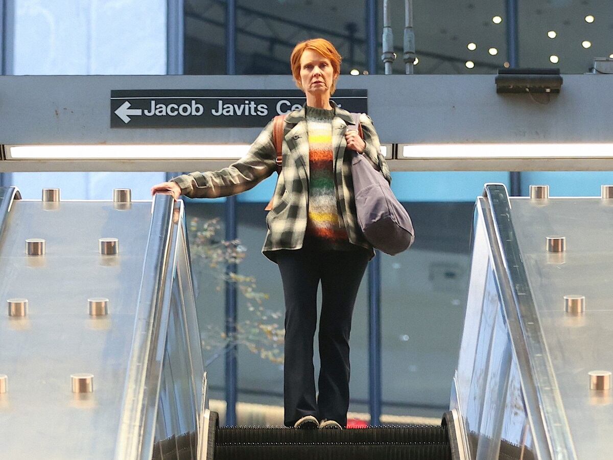 Cynthia Nixon as Miranda Hobbes dresses in a flannel shirt on the set of 'And Just Like That...' season 2