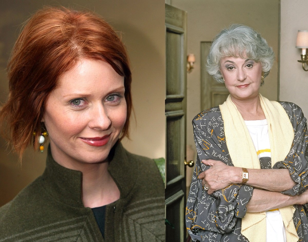 Cynthia Nixon wears green at a premiere / Bea Arthur poses for a promotional photo for 'The Golden Girls' 
