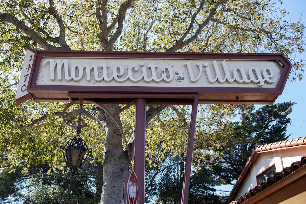 Montecito Village sign in Montecito, California, where Prince Harry and Meghan Markle now live after Nottingham Cottage