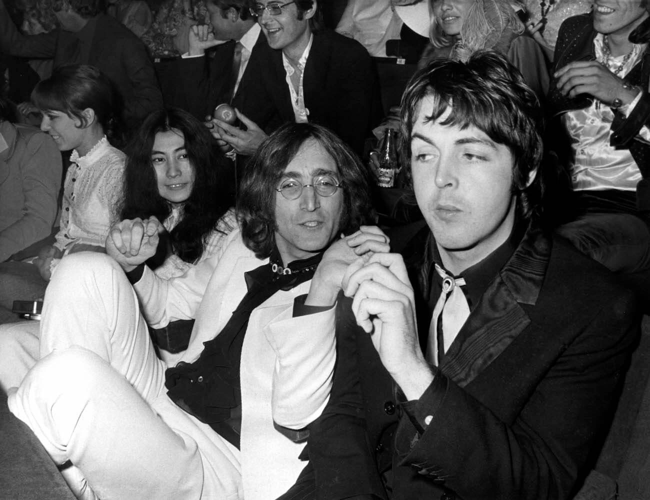 Paul McCartney, John Lennon, and Yoko Ono at the premiere of The Beatles' 'Yellow Submarine' in 1968.