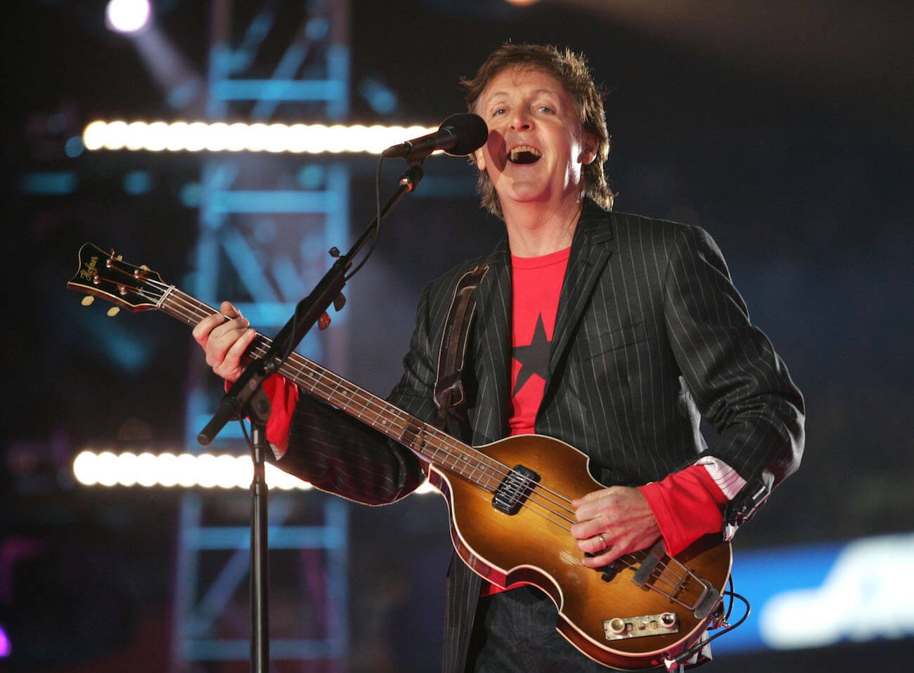 Paul McCartney singing during his Super Bowl Half Time Show in 2005.