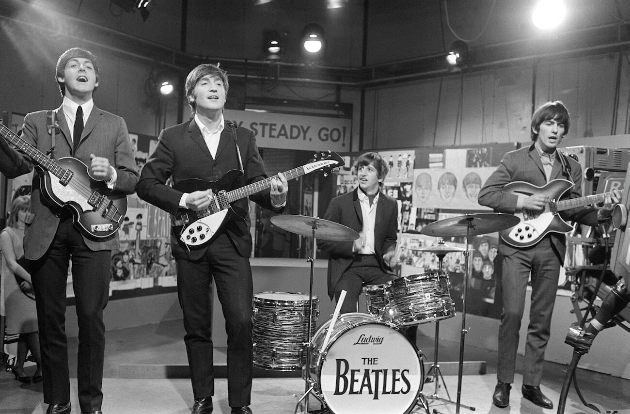 Paul McCartney and The Beatles performing on 'Ready Steady Go!' in 1964.