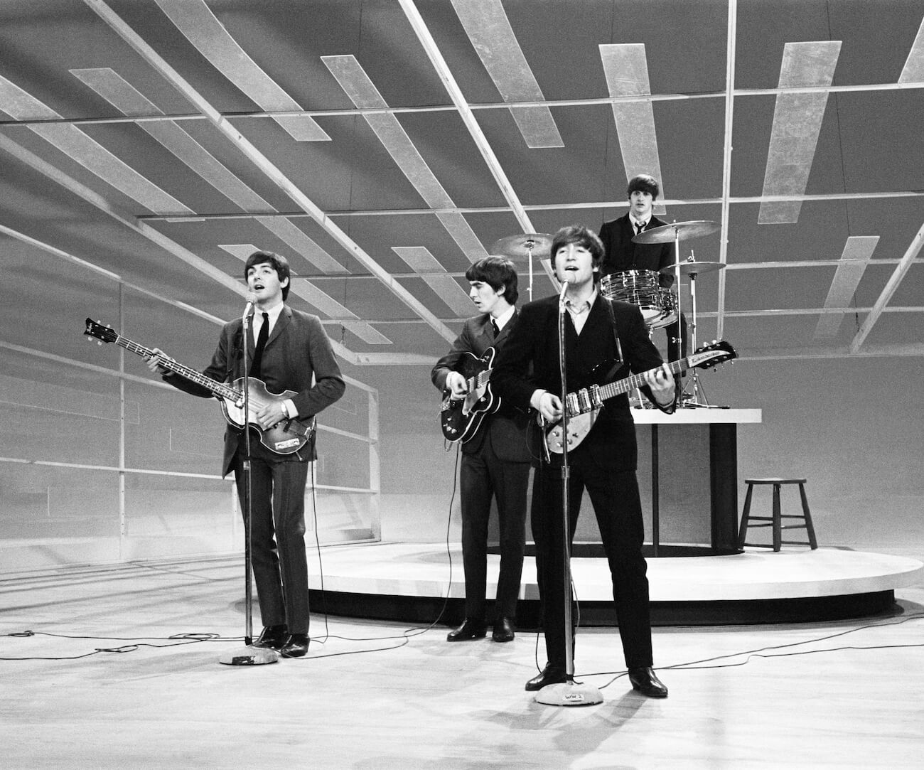 Paul McCartney and The Beatles performing on 'The Ed Sullivan Show' in 1964.