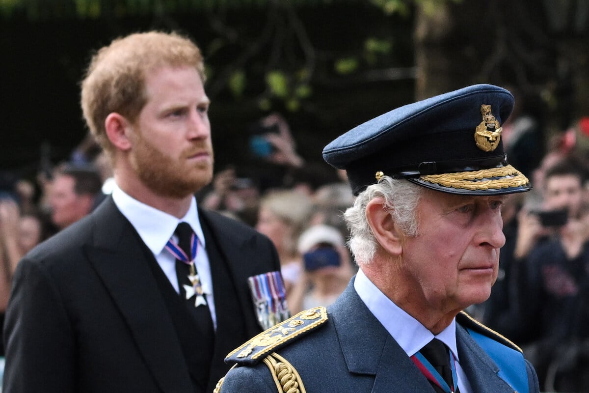 Prince Harry standing behind King Charles with both looking straight ahead