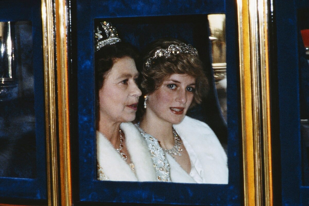 Queen Elizabeth II and Princess Diana attending the Opening of Parliament in London (circa 1982)