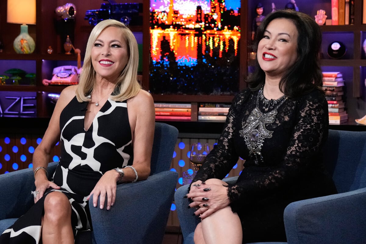 Sutton Stracke and Jennifer Tilly smile for the cameras during an appearance on WWHL