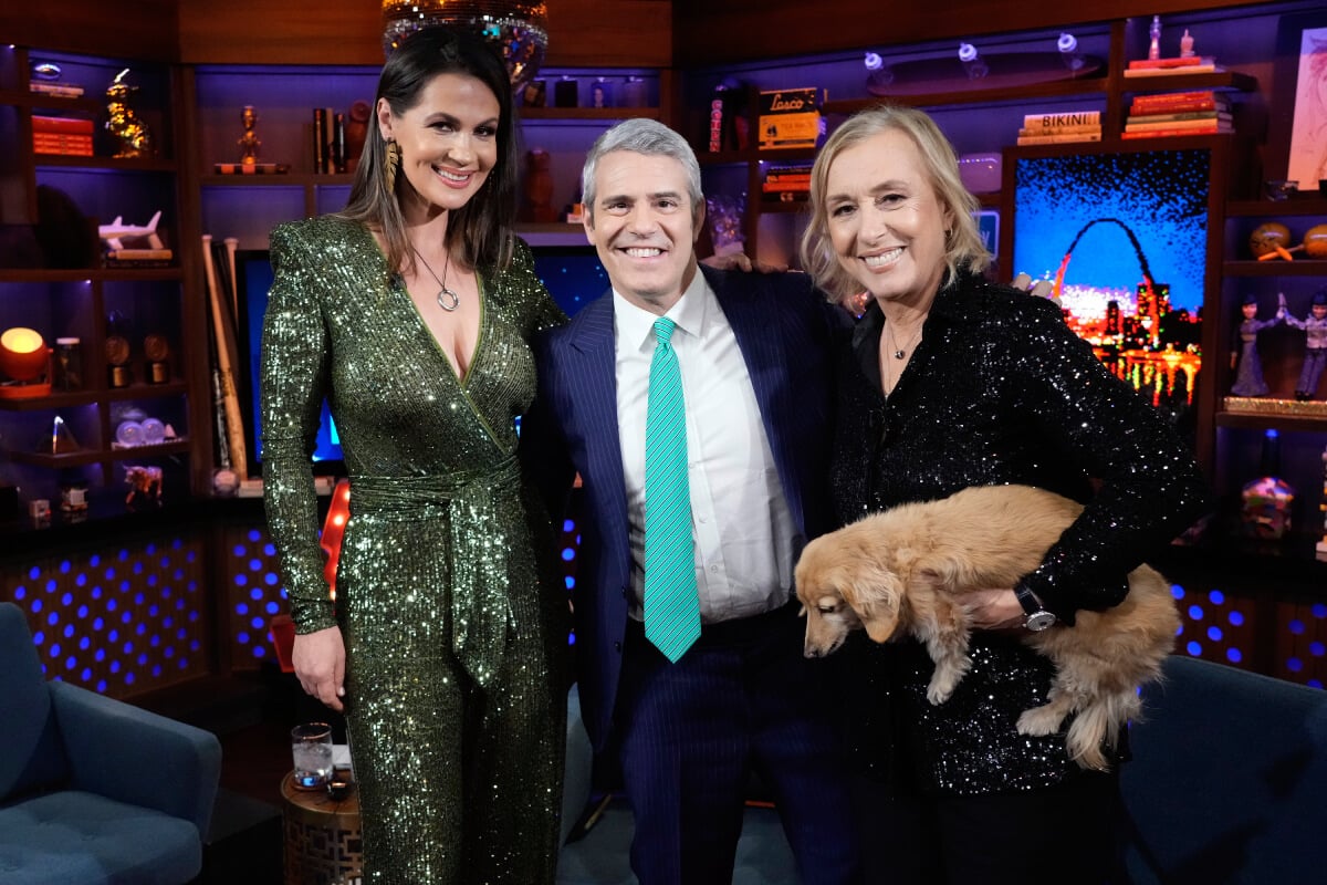 RHOM star Julia Lemigova poses with Andy Cohen and her wife Martina Navratilova during an episode of Watch What Happens Live