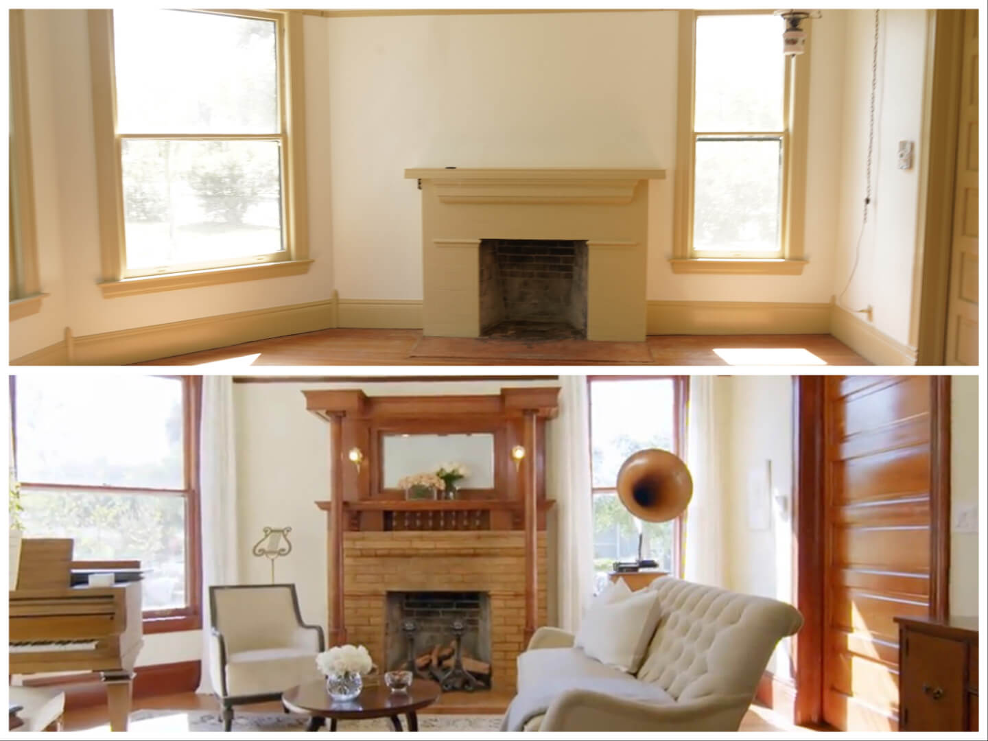 Before and after photos of a living room restoration on Magnolia Network's 'Restored'