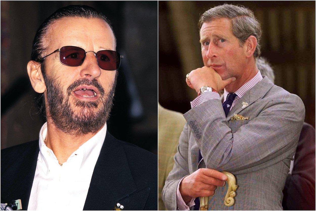 Ringo Starr (left) wears sunglasses during a 1994 press conference; the former Prince Charles rests on his crook during a 2001 event.