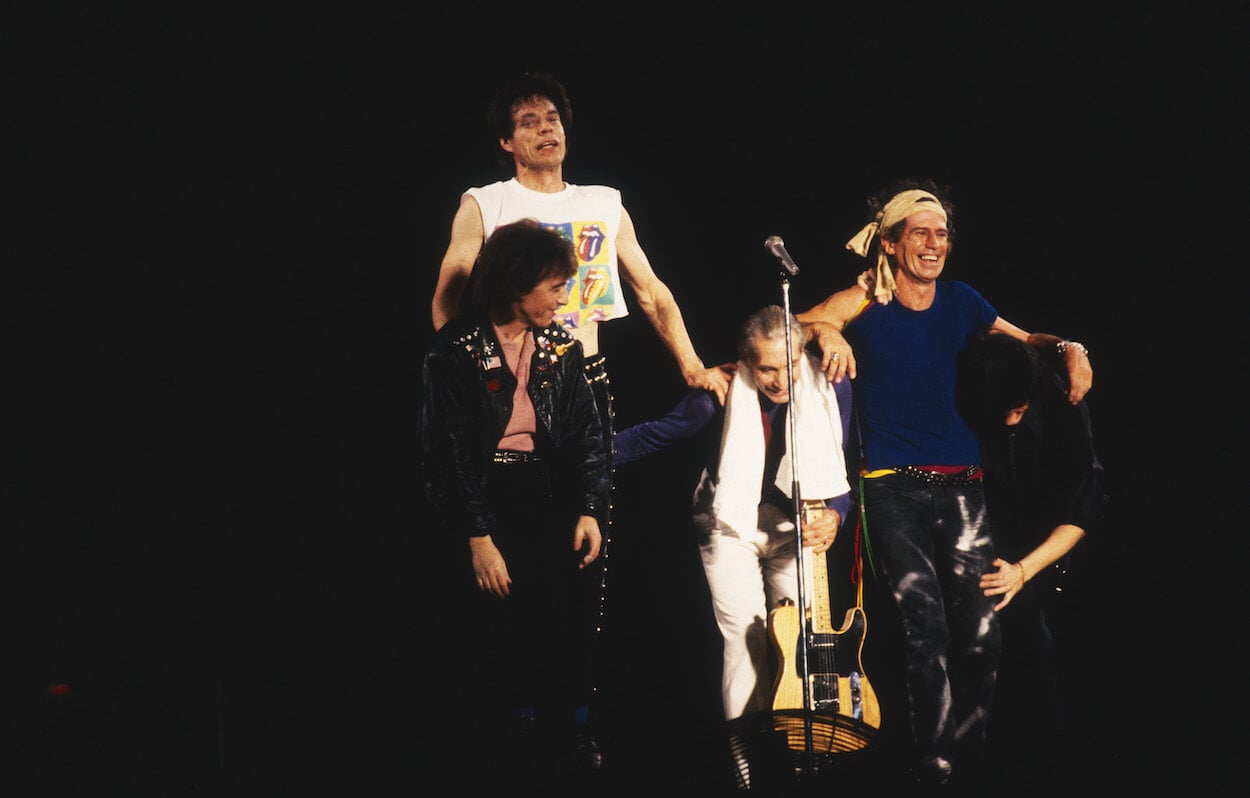 Rolling Stones members Billy Wyman (from left), Mick Jagger, Charlie Watts, Keith Richards, and Ronnie Wood take a bow after a 1995 concert.