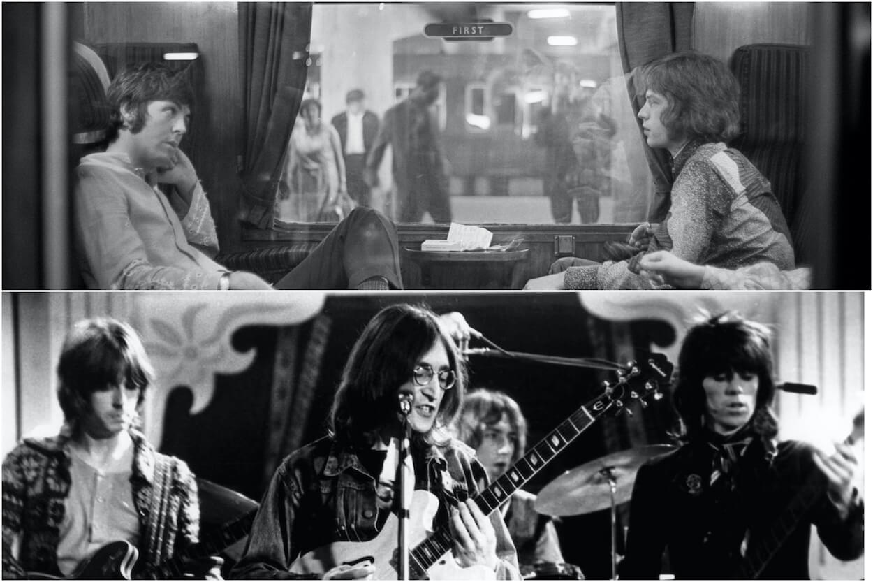 (top) Paul McCartney (left) and Mick Jagger speak on a train; (bottom) John Lennon (center) plays with Eric Clapton (left) and Keith Richards (right) on 'The Rolling Stones Rock and Roll Circus.'