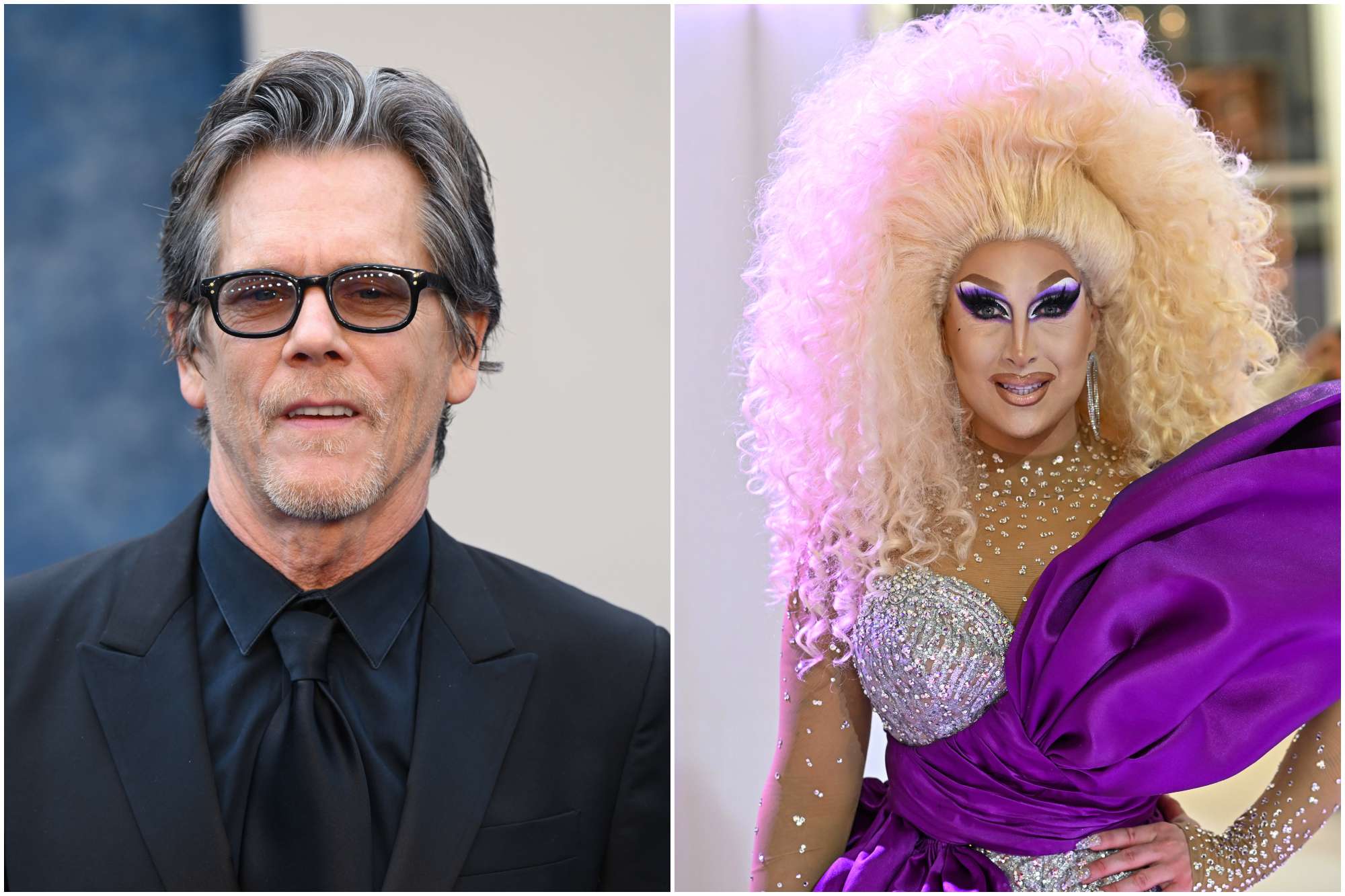 'RuPaul's Drag Race' Kevin Bacon and Loosey LaDuca. Bacon smiling wearing black glasses on the left and Loosey wearing a silver and purple costume with her hand on her hip on the right.