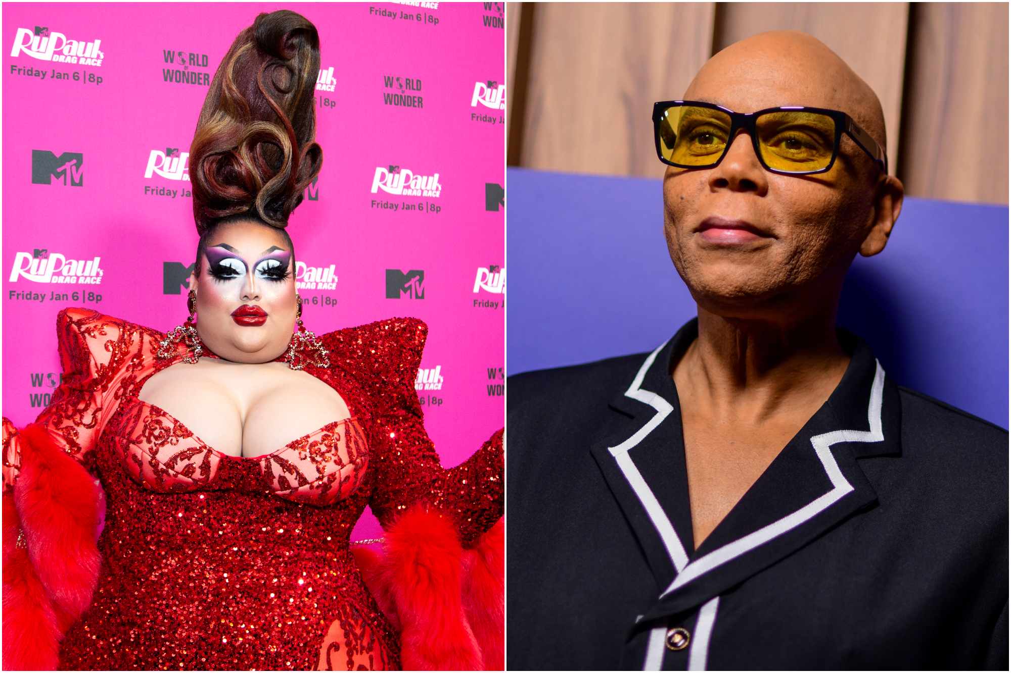 'RuPaul's Drag Race' Mistress Isabelle Brooks and book author RuPaul. Mistress is on the left wearing a red gown in front of a pink step and repeat. RuPaul is wearing a collared shirt, looking ahead, while wearing glasses.