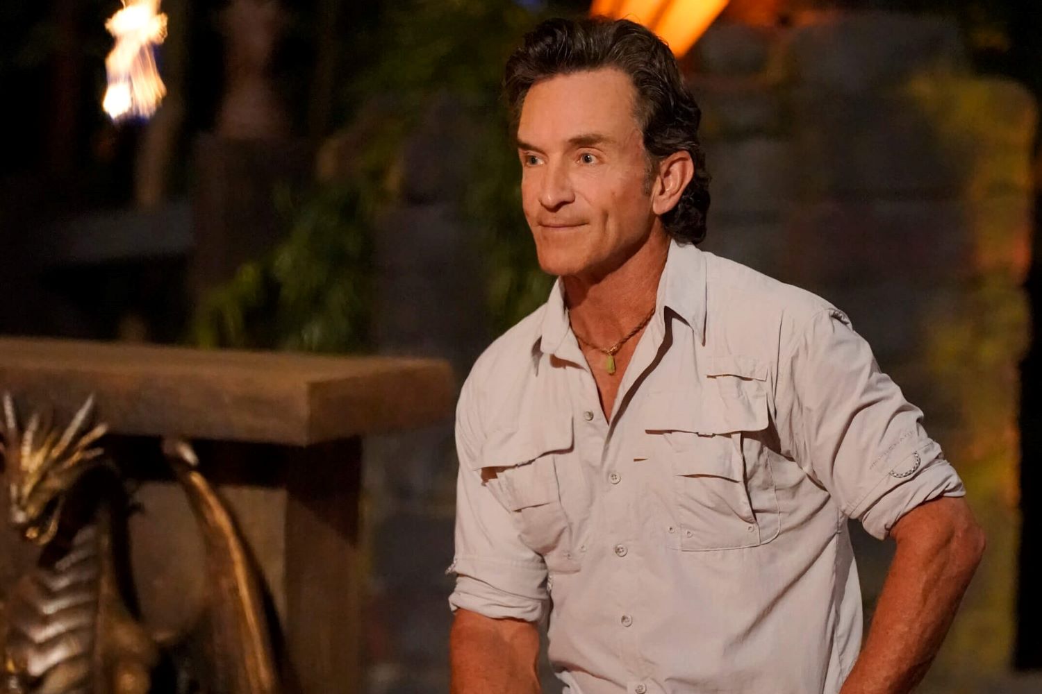 Jeff Probst, who hosts 'Survivor 44' and its finale on CBS, wears a light gray button-up shirt with rolled-up sleeves.