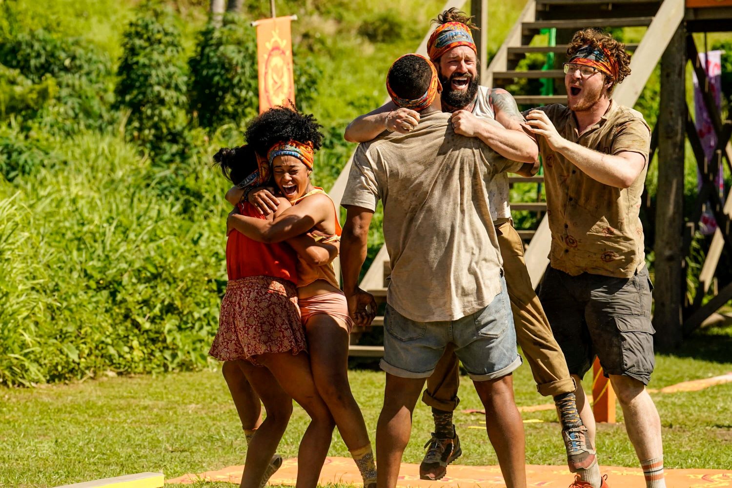 Jaime Lynn Ruiz, Lauren Harpe, Brandon Cottom, Matthew Grinstead-Mayle, and Kane Fritzler celebrate their Immunity Challenge win in 'Survivor 44' Episode 2.