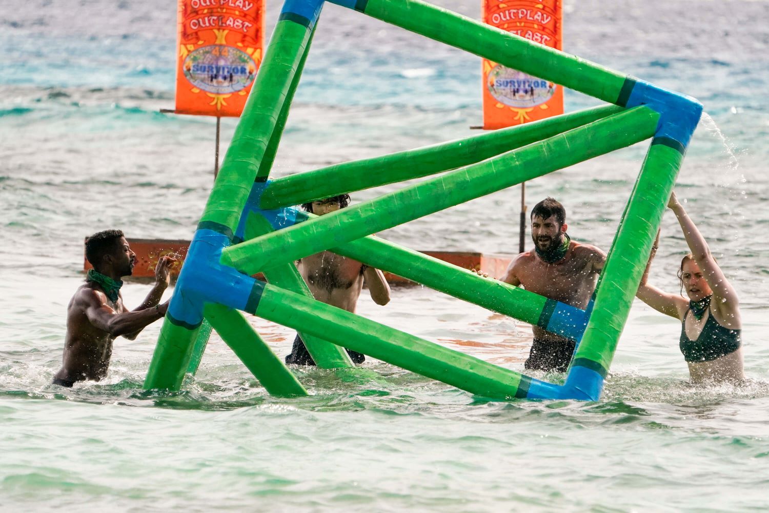 Josh Wilder, Matt Blankinship, Danny Massa, and Frannie Marin compete in an Immunity Challenge for the Soka tribe in 'Survivor' Season 44 Episode 3, 'Sneaky Little Snake.'