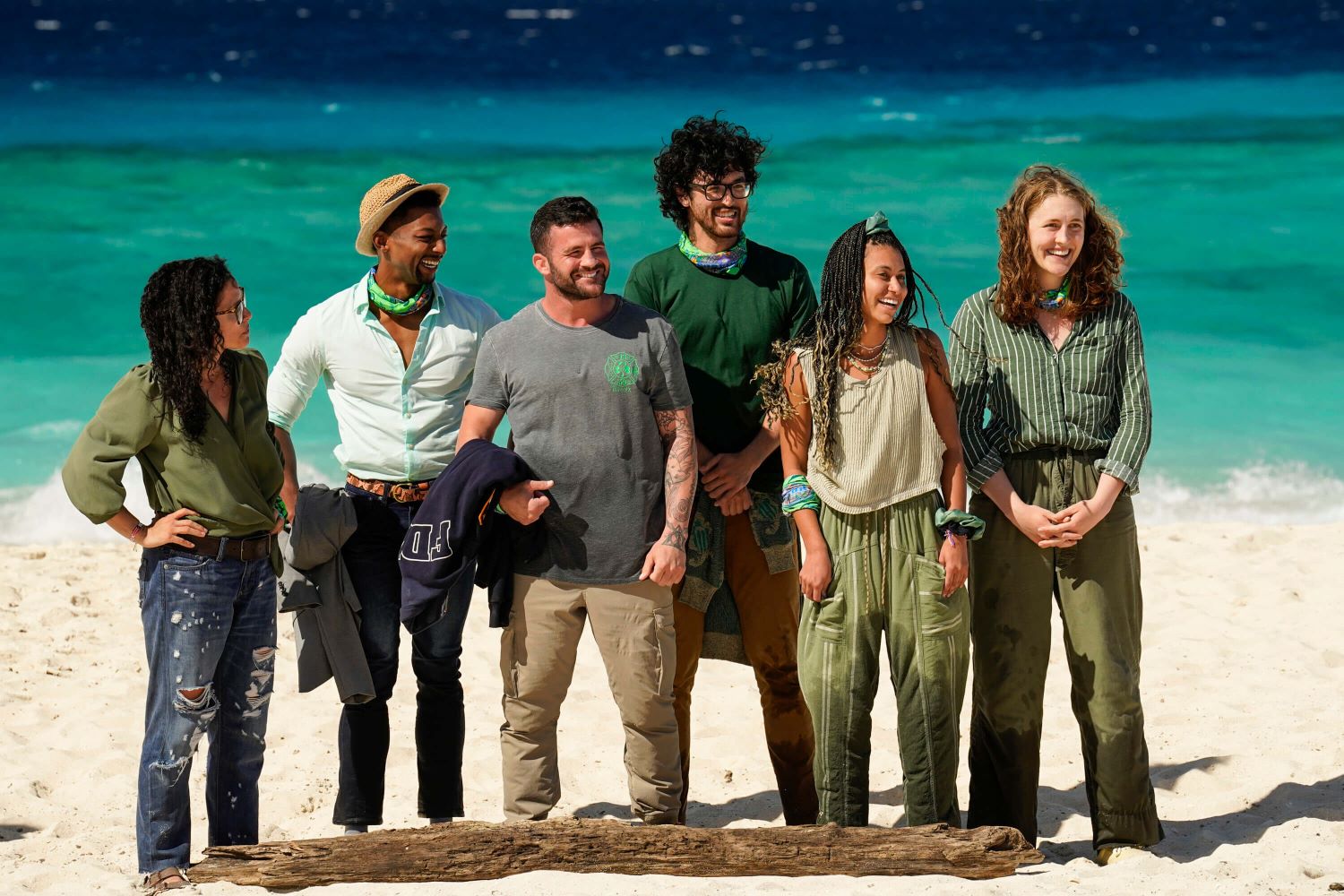 The castaways in the Soka tribe in 'Survivor 44' Heidi Lagares-Greenblatt, Josh Wilder, Danny Massa, Matt Blankinship, Claire Rafson, and Frannie Marin
