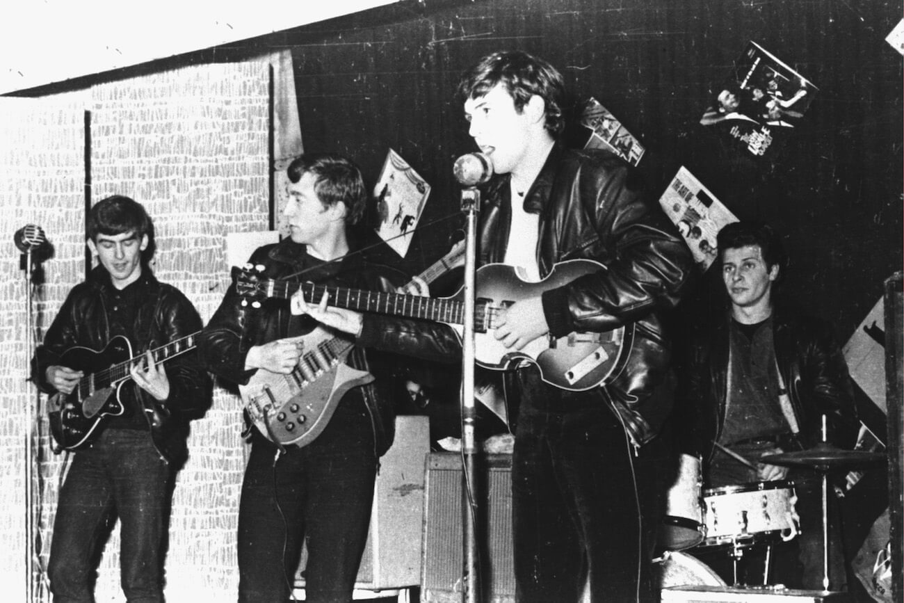 The Beatles with their original drummer, Pete Best, performing in Liverpool in 1962.