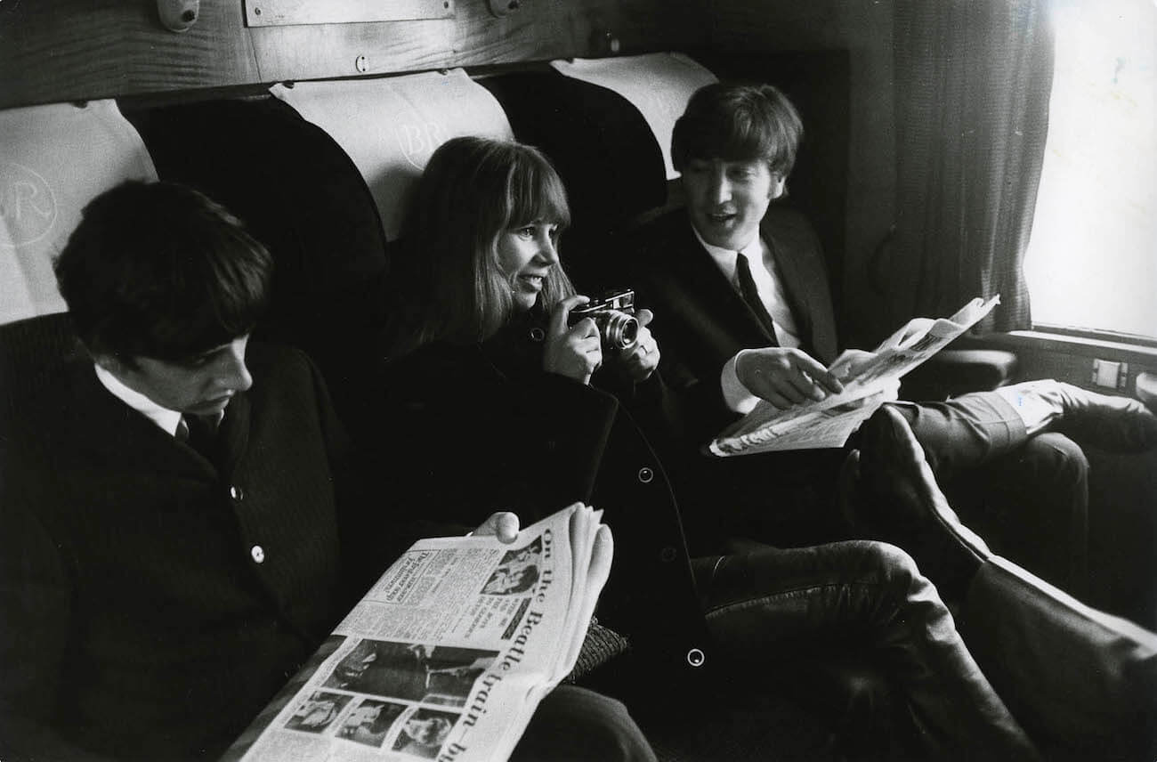 The Beatles and their friend Astrid Kirchherr on the set of 'A Hard Day's Night' in 1964.